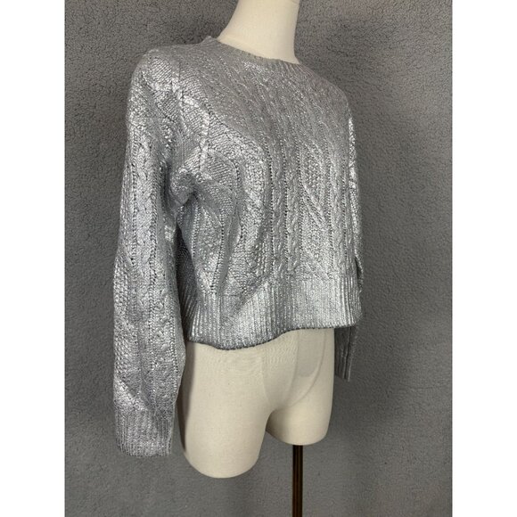 Hooked up by Lot Juniors' Shine Cable-Knit Crewneck Sweater Silver Size XS NWT's - Picture 3 of 8